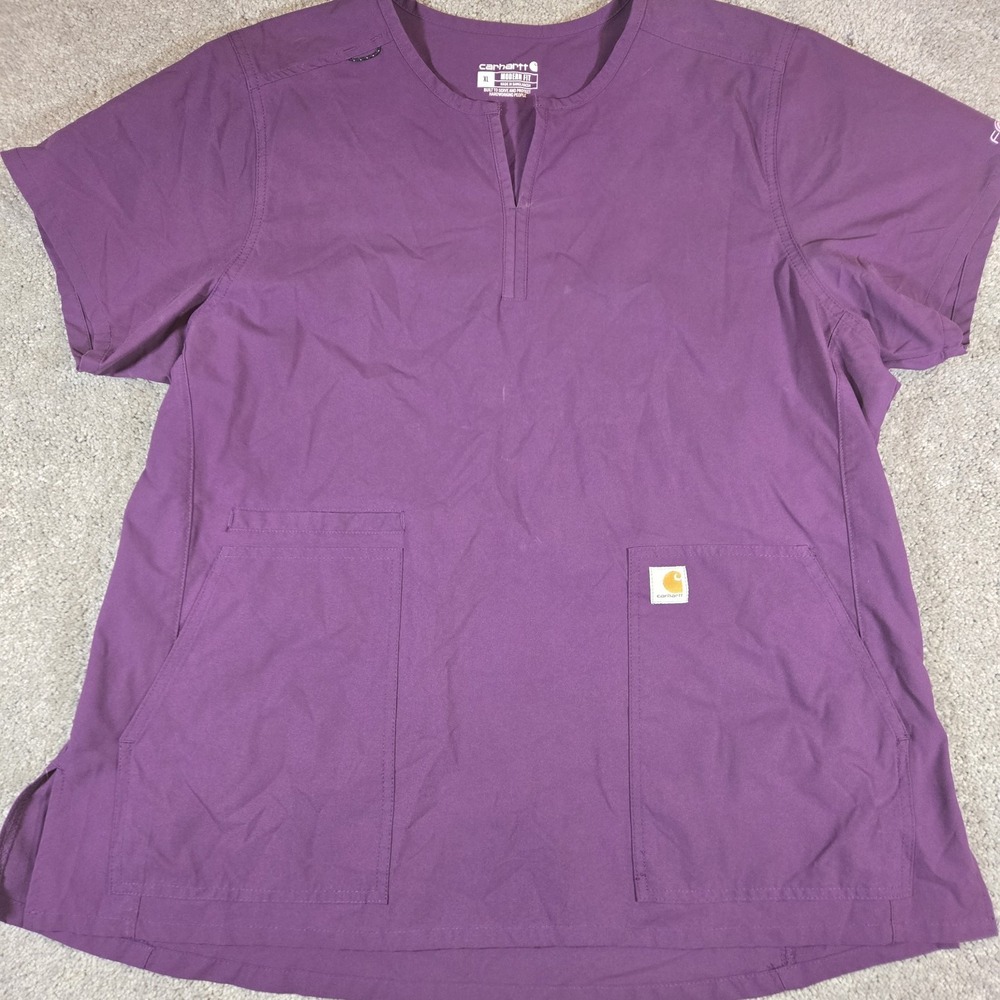 Carhartt Force Purple Scrub Top Size XL Short Sleeve V Neck Pockets - Picture 2 of 7